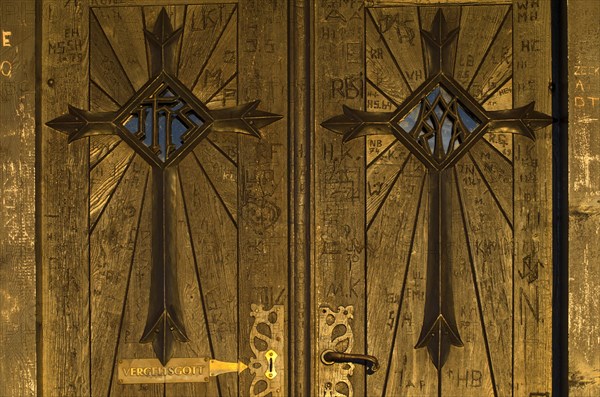 Door of the chapel at the summit of Kellerjoch Mountain