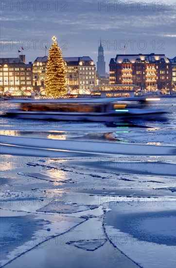 Binnenalster or Inner Alster Lake with a Christmas tree and Jungfernstieg