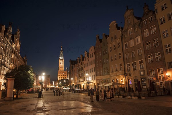 Houses on Long Market or Dlugi Targ and the clock tower of Main Town Hall