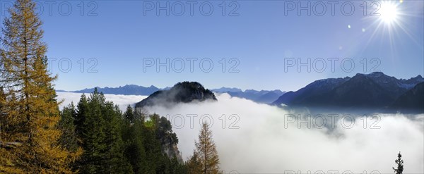 View from the ruins of Falkenstein Castle over the mist-covered Vilser Tal or Vils Valley and Zwoelferkogel mountain near Fuessen