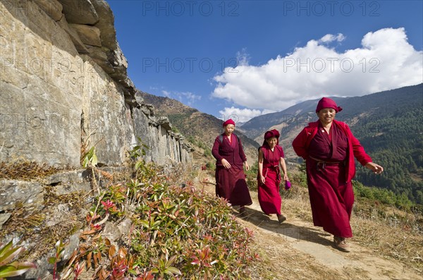 Monks and nuns wearing red cloths walking on a small path along a mountain slope