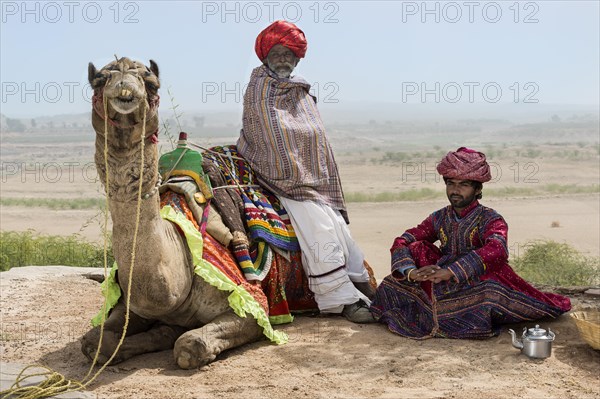 Men of the Rabari in traditional clothes with a dromedary