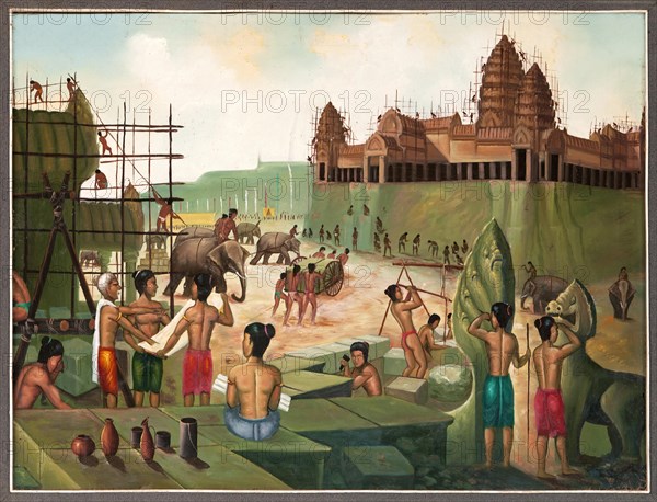 Painting depicting a historical account of the construction of Angkor Wat Temple in the 13th century