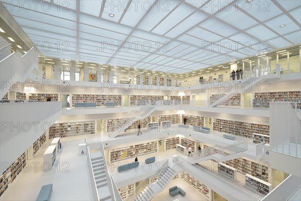 Gallery hall with steps of the Stuttgart City Library on Mailaender Platz square