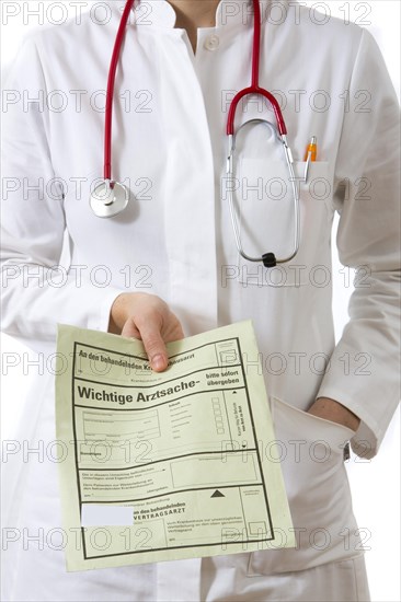 Female doctor holding a medical document of a consultation for the family doctor or attending physician of the patient