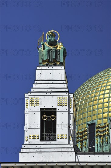 Statue of St. Leopold beside the dome of the Church of St. Leopold at Steinhof Psychiatric Hospital