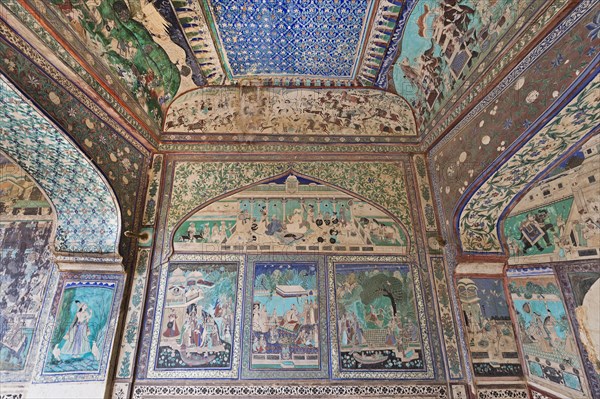 Wall paintings or frescoes painted with natural colours from the Bundikalam school of painting