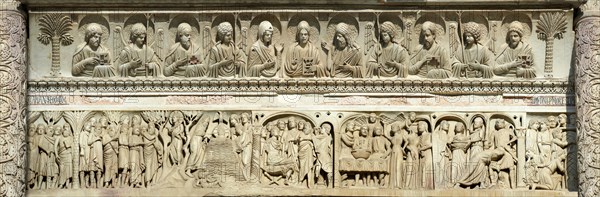 Medieval sculptural reliefs on the door of the Baptistry of St. John
