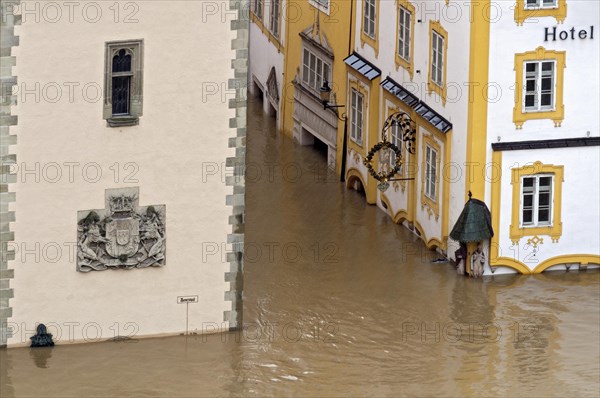 Town Hall with the flood water exceeding the historical flood level marker during the flood on 3rd June 2013