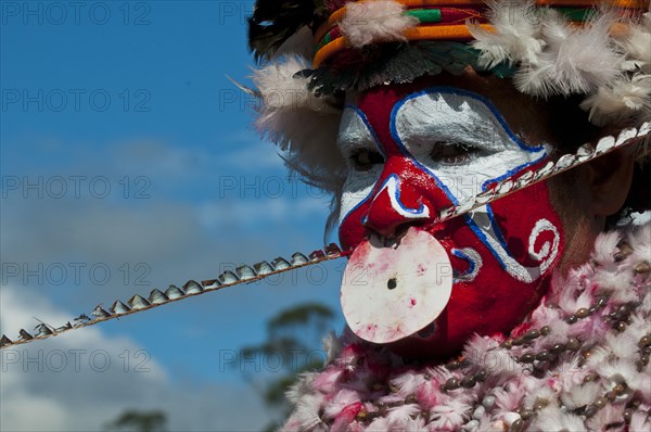 Member of a tribe in a colourfully decorated costume with face paint at the traditional sing-sing gathering