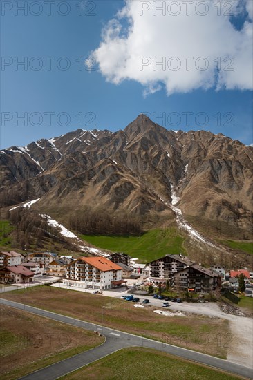 View of the village of Samnaun with Mt Piz Ot