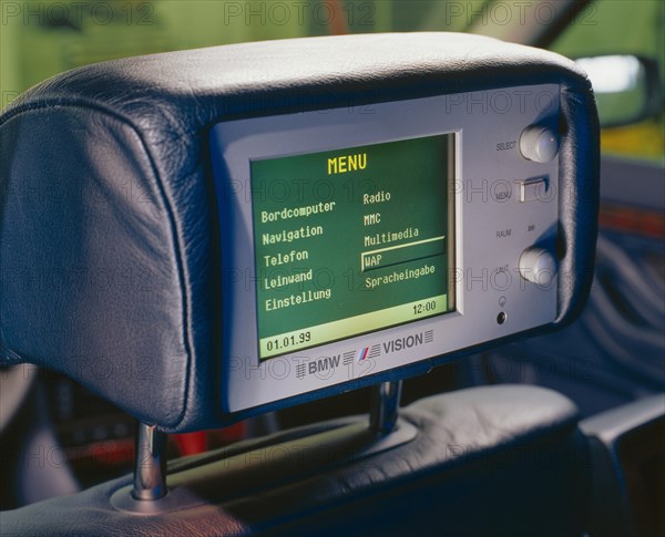 Headrest in a BMW with a built-in monitor with internet access