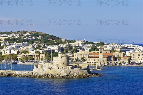 Harbour entrance of Rhodes with the fortified tower of Agios Nikolaos