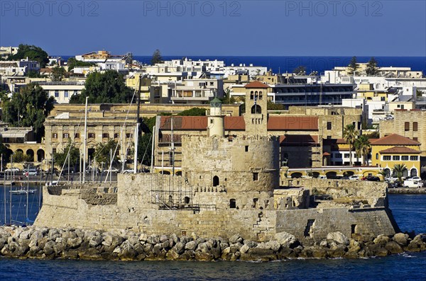Harbour entrance of Rhodes in front of the fortified tower of Agios Nikolaos