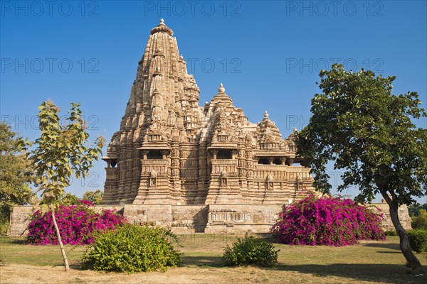 Hindu temple with flowering bougainvillea bushes