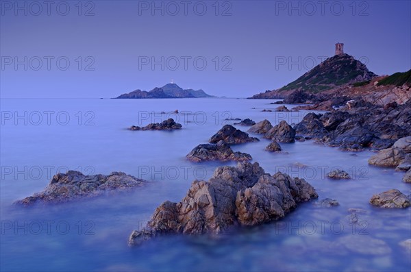 The genoese tower Tour de la Parata at the right and the islands Les Iles Sanguinaires behind the rocky mediterranean coast at the blue hour before sunrise. Les Iles Sanguinaires are in the department...