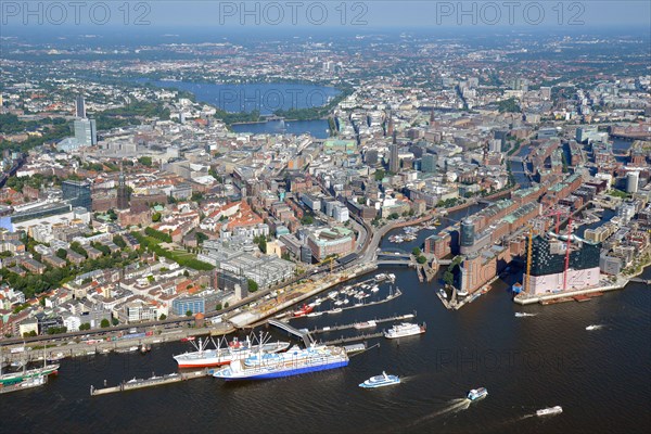 View from the Elbe River over the Alster lakes