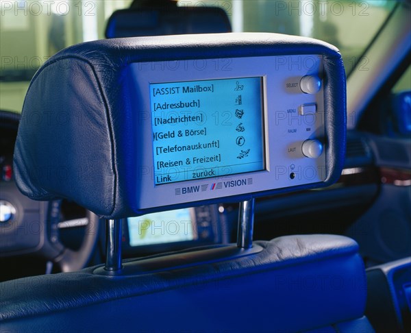 Headrest in a BMW with a built-in monitor with internet access