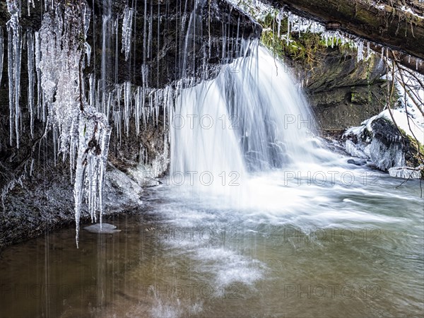 Strumpfelbach brook with icicles in winter