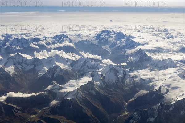 Aerial view of the Valais Alps with Mt Matterhorn and the summit Dufourspitze of Monte Rosa