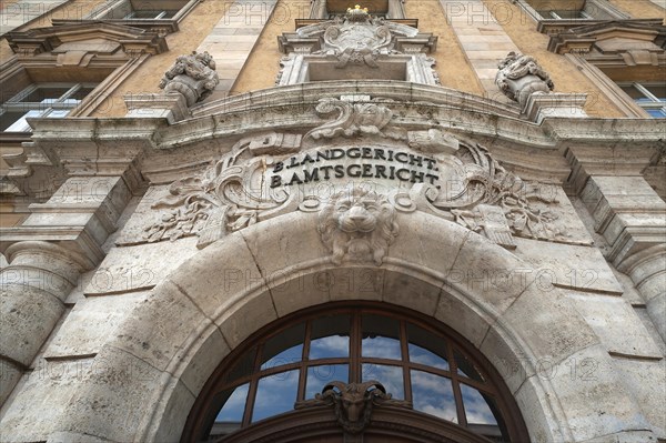 Entrance portal of the historic building of the Bavarian District Court