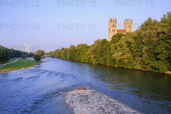 Isar with green areas and Maximilianskirche in Isarvorstadt