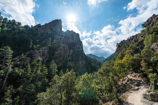 Trail along the valley and the river bed of the Tavignano