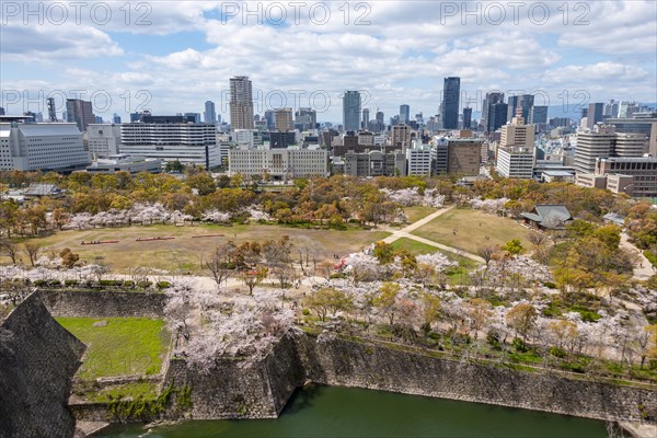 View from Osaka Castle to Osaka Castle Park and city silhouette