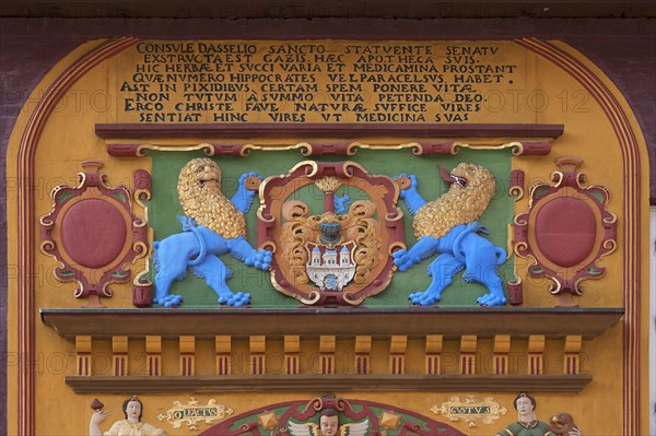 Detail of the colorful Renaissace entrance of the Alte Raths-Apothek pharmacy