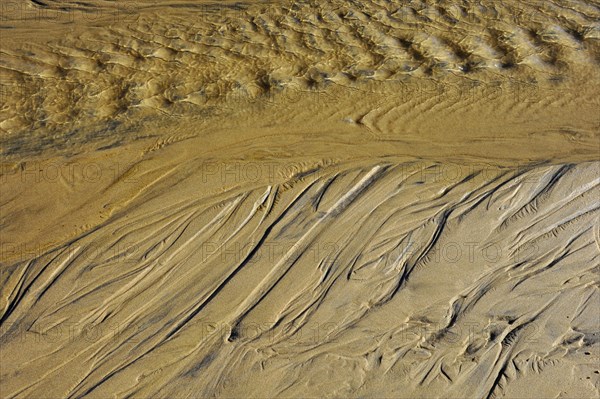 Draining sea water leaving traces in the sand on the beach
