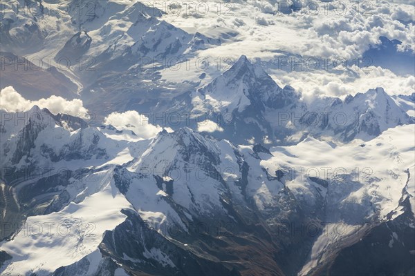 Aerial view of the Valais Alps with the mountains Dent Blanche and Matterhorn