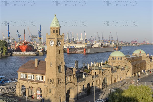 St. Pauli Landing Stages with the water level tower and the Elbe river