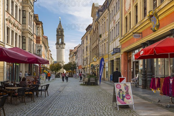 Pedestrianised zone of Reichenstrasse street from Hauptmarkt square to the leaning Reichenturm Tower