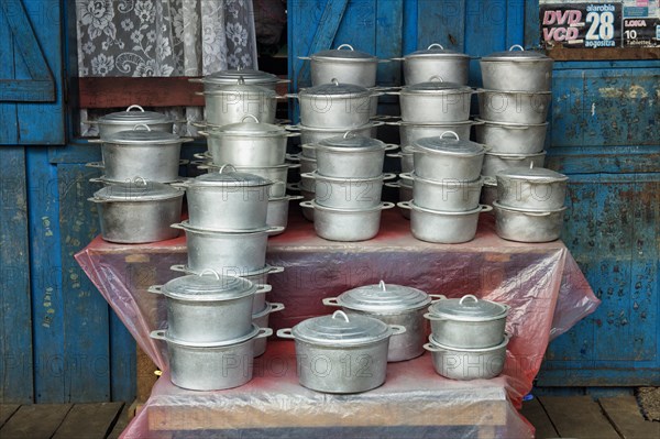 Cooking pots in a market stall