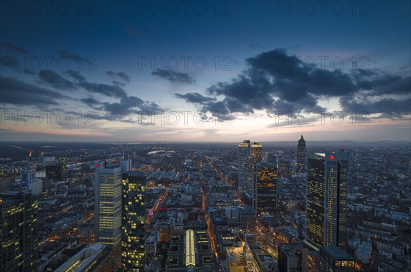 View of the city at dausk from the Main Tower with skyscrapers in the financial district