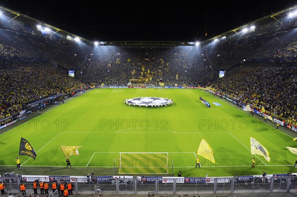 The sold-out Signal Iduna Arena before the kickoff of the UEFA Champions League game Borussia Dortmund vs Arsenal
