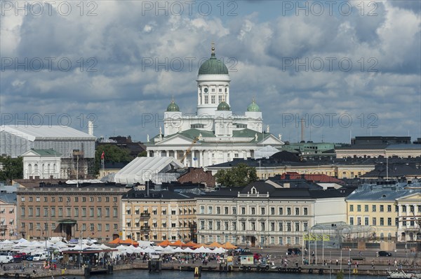 Helsinki Cathedral above the buildings at the harbour