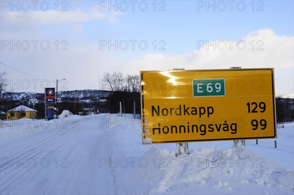 Street sign in winter on the E69 to the North Cape