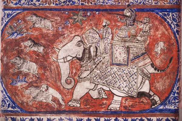 Old mural depicting a boar hunt in the City Palace of the Maharaja