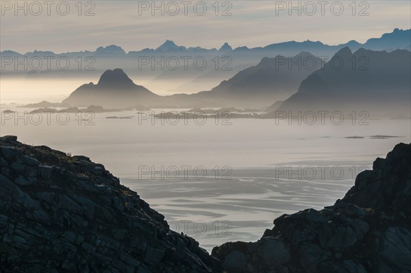 View from Glomtinden mountain over the Henningsvaersund on the Vestvagoy island