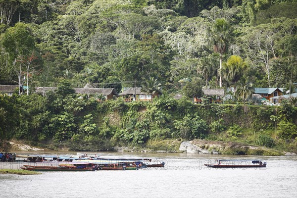 Dugout canoes on the jungle beach of Misahualli
