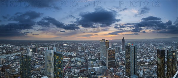 View of the city at sunset from the Main Tower with skyscrapers in the financial district