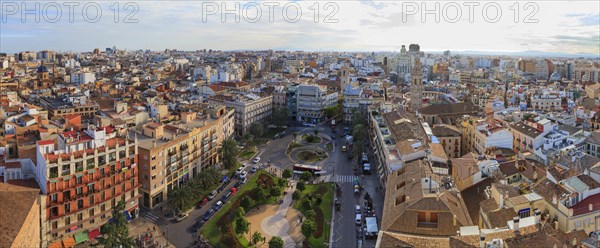 High viewpoint panorama of Valencia and the Plaza de la Reina from the Miguelete bell tower