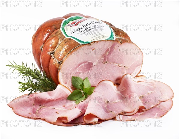 Ham with Rosemary (Rosmarinus officinalis) and Thai basil (Ocimum basilicum var. thyrsiflora) as decoration