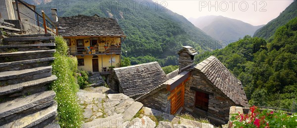 Rustic mountain peasant village of Corippo with stone houses and church
