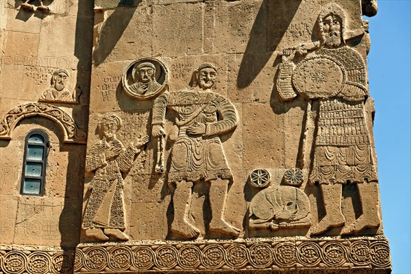 Bas-relief sculptures with scenes from the Bible on the outside of the 10th century Armenian Orthodox Cathedral of the Holy Cross on Akdamar Island