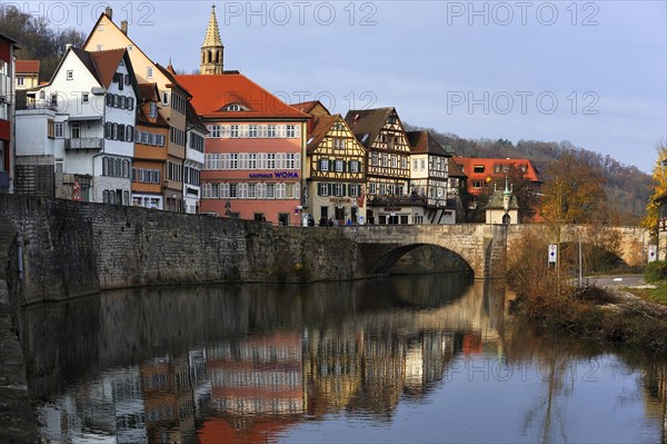 Row of old houses along the bank wall of the Kocher River