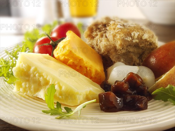 Traditional Ploughman's lunch with Cheddar and Lancashire cheese