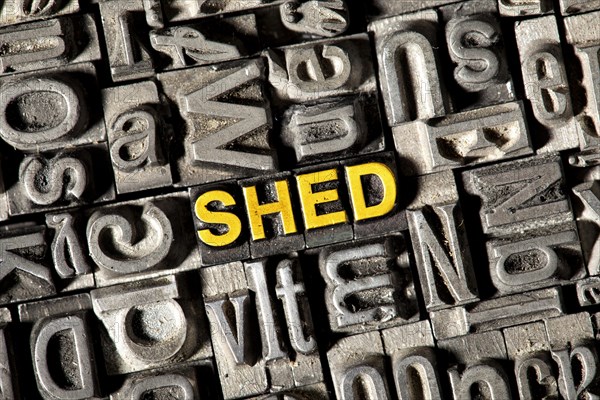 Old lead letters forming the word "SHED"