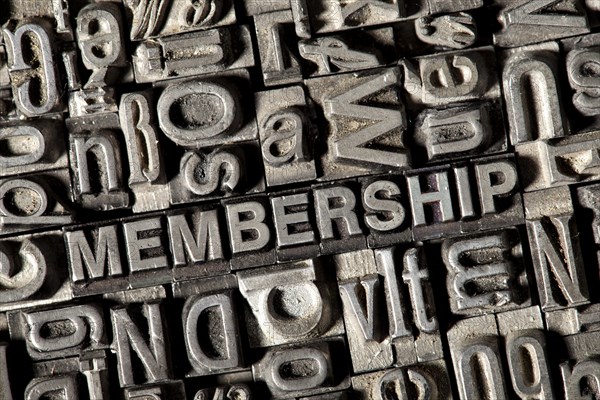 Old lead letters forming the word 'MEMBERSHIP'